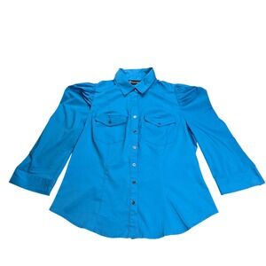 NY&Co 7th Avenue Button Down Shirt Womens Medium Blue Excellent Puff Sleeve